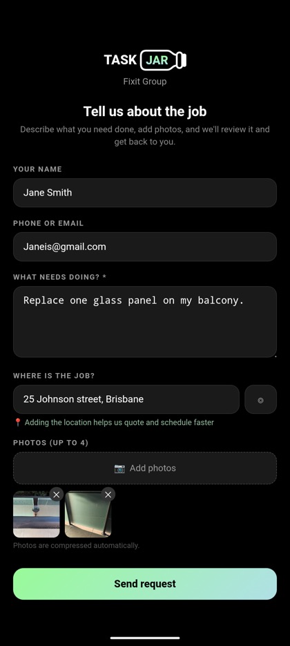 Client request web form with photos and a location