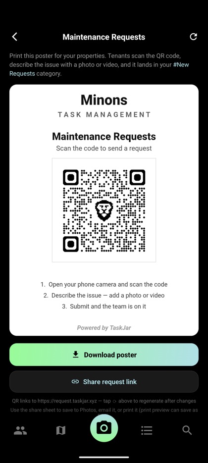 Maintenance request QR poster branded with the company name, ready to print