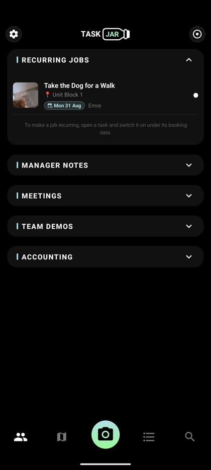 Recurring jobs panel showing a job set to repeat with its next date