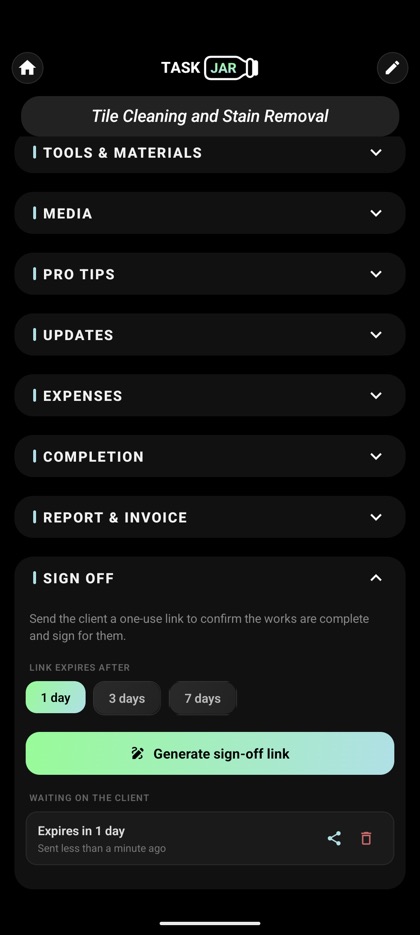 Sign-off section generating a one-use link for the client